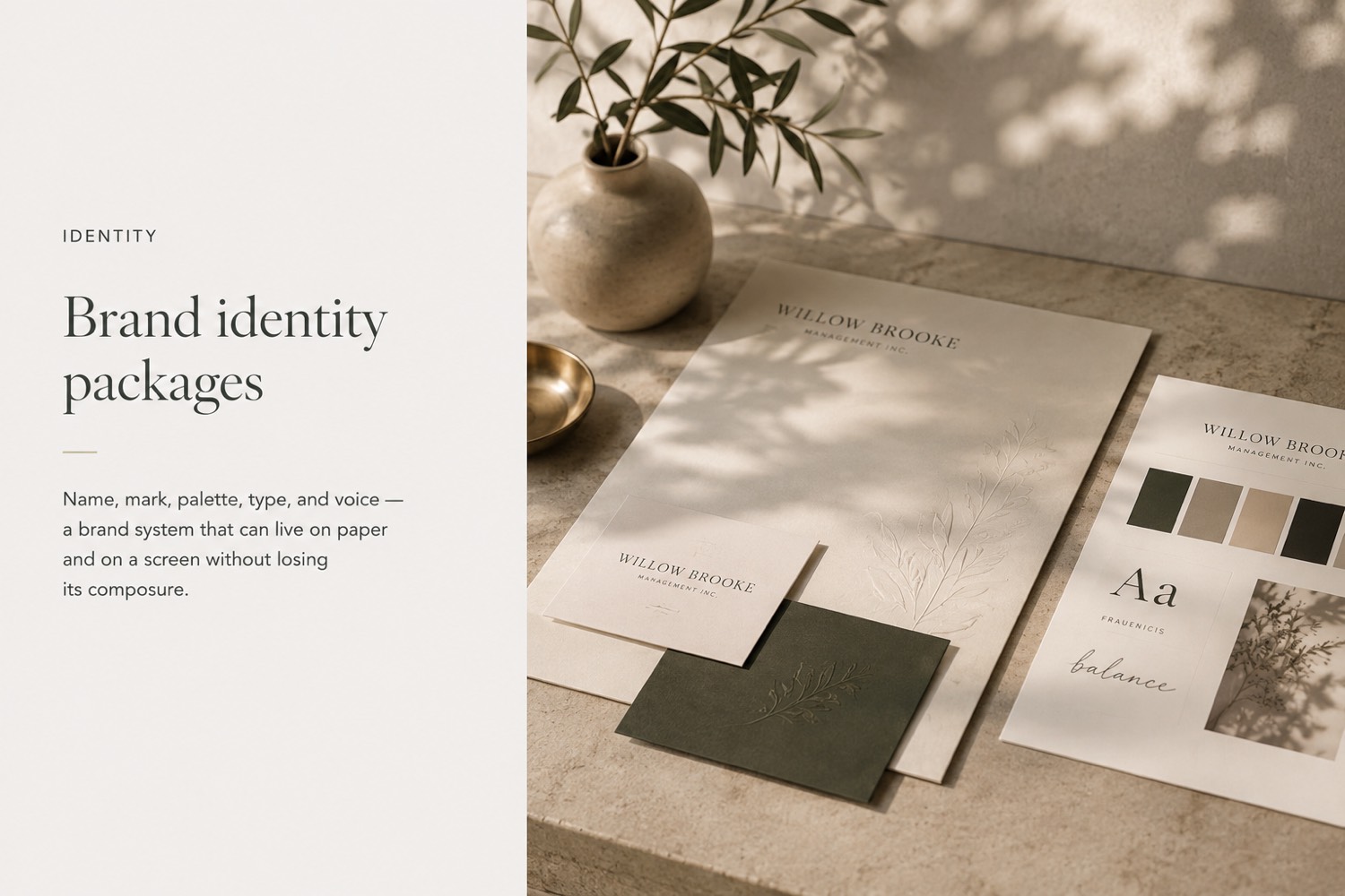 Willow Brooke brand identity package on stone: stationery, palette card, and olive branch