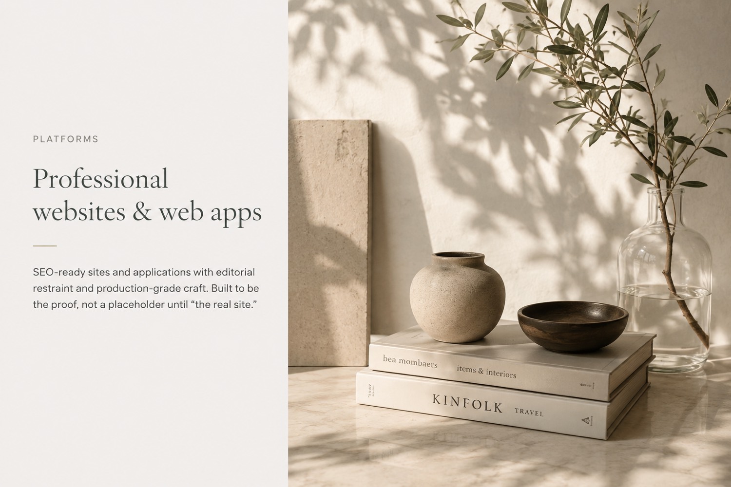 Editorial still of books, ceramic, and olive branch for Willow Brooke web platforms