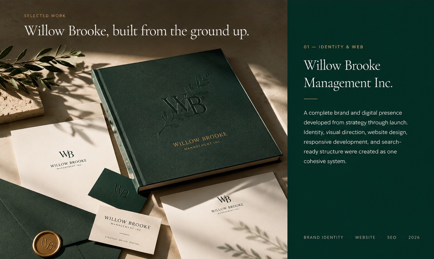 Willow Brooke case study: emerald brand book, stationery, and project summary