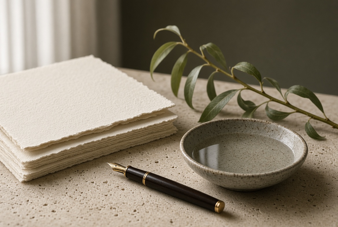 Cream paper, fountain pen, stone dish of water, and a willow branch on a studio table